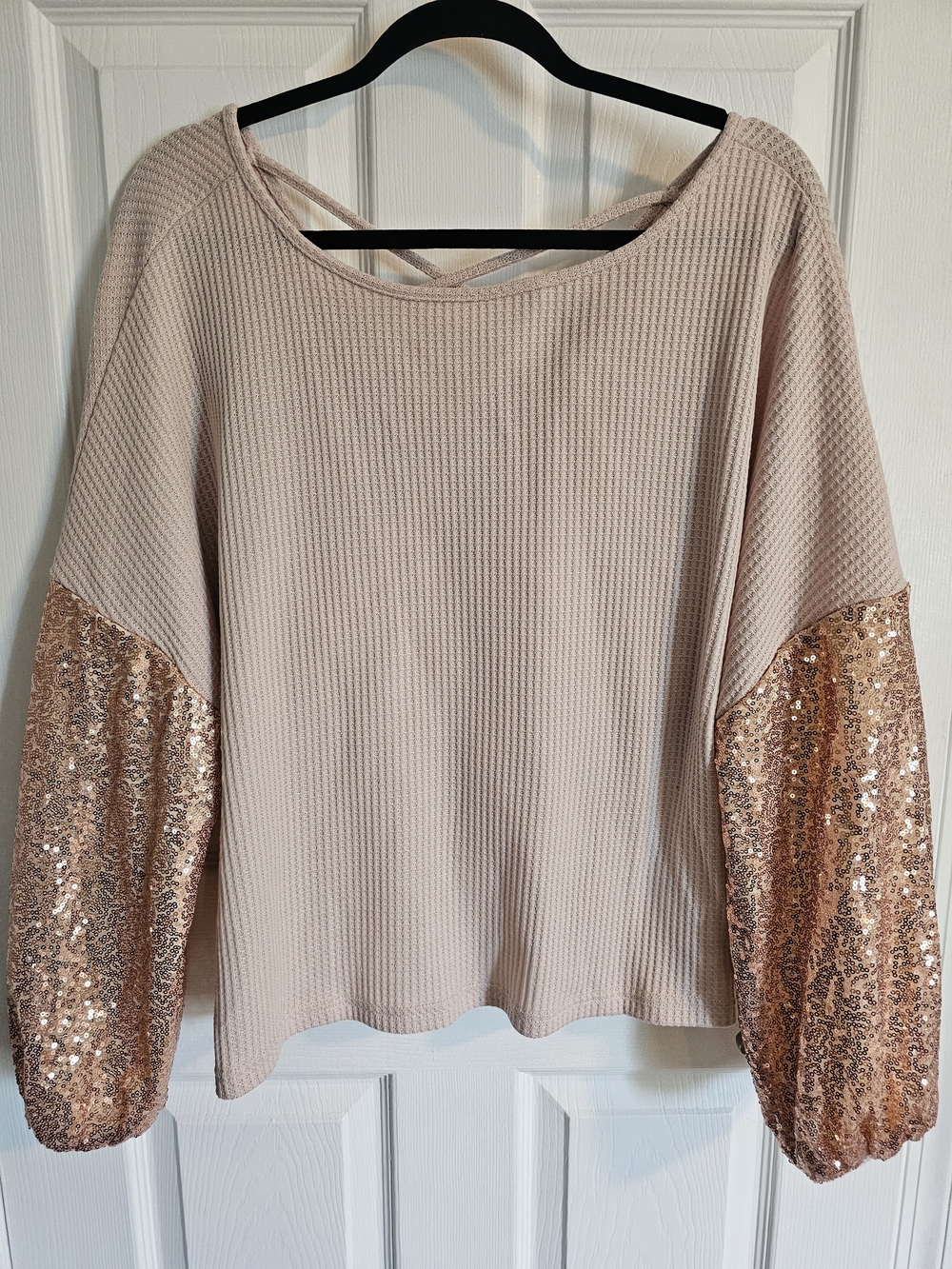 Trendy boutique Blush Pink Thermal Top with Rose Gold Sequin Sleeves